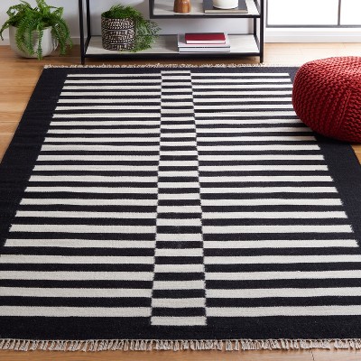 Black and White Striped Flat Woven Wool Area Rug 5'x8'