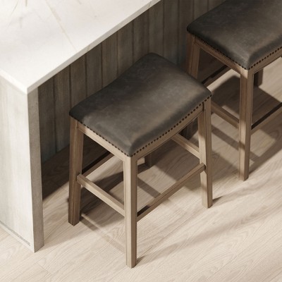 Adrien 31" Reclaimed Oak and Vegan Leather Saddle Barstools, Set of 4