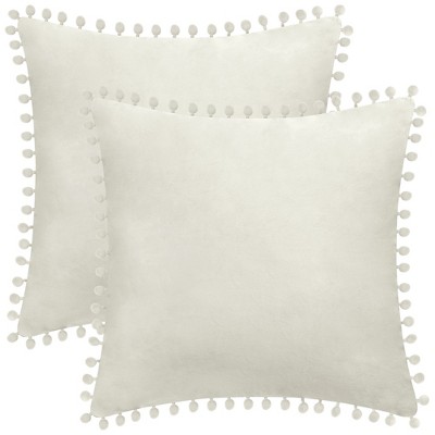 Unique Bargains Farmhouse Bedroom Decorative Velvet Pompoms Fringe Throw Pillow Covers 2 Pcs
