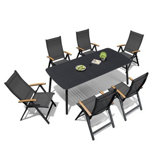Crestlive Products 7pc Outdoor Dining set Patio Rectangle Table with Folding Chairs Aluminum Frame with Wood-Like Tabletop and Umbrella Hole - 1 of 4