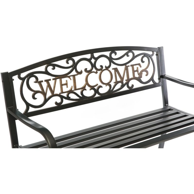 Steel Outdoor Patio Garden Park Seating Bench with Cast Iron Welcome Backrest, Front Porch Yard Bench Lawn Decor, 3 of 10