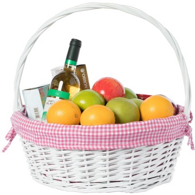 White Wicker Round Basket with Pink Gingham Liner