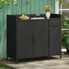 Wicker Outdoor Storage Cabinet,Table With Tempered Glass Tabletop And Drawer,Adjustable Shelf,Indoor Outdoor Bar Height Table-Coolbibila - 3 of 4
