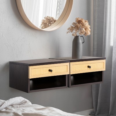 Celerie Black and Light Oak Floating Nightstand with Rattan Drawer