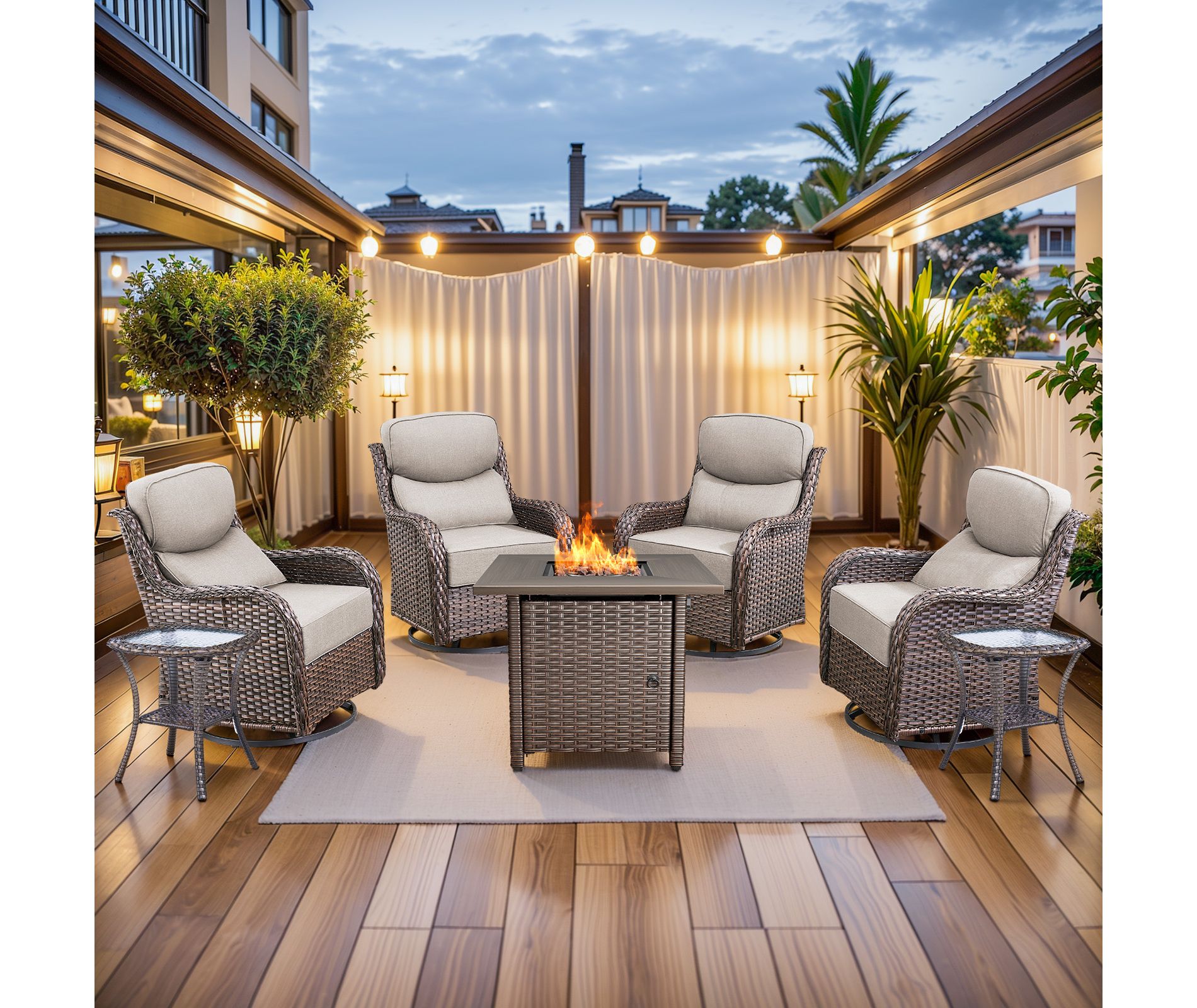 Buenhomino 7Pcs Patio Rocking Swivel Chair with 50,000 BTU Fire Pit Table Outdoor Wicker Rattan Bistro Set with Tempered Glass Side Table