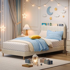 Twin Bed Frames, Velvet Upholstered Platform Bed Frame with Headboard and Strong Wooden Slats, No Box Spring Needed/Noise-Free/Easy Assembly, Pink - 1 of 4