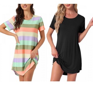 INSPIRE CHIC Women's 2 Pcs Curved-Hem Crew-Neck Striped Short-Sleeve Tee Dress Sleepshirt - 1 of 4