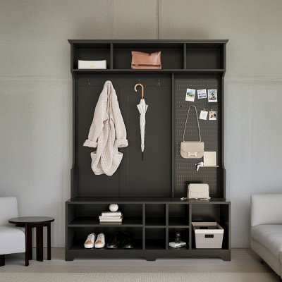 FURNIinspire Hall Trees Hall Tree With Shoe Bench, Coat Rack ,Shoe Storage, Clothes Rack, Storage Furniture For Hallways, Black, 14.96"*57.48"*77.17"