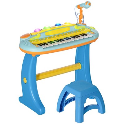 Infurnic Baby Activity Gyms Kids Piano Toy Keyboard, Electronic Music Educational Instrument with Microphone and Stool, Blue, 23"*9.8"*24.8"