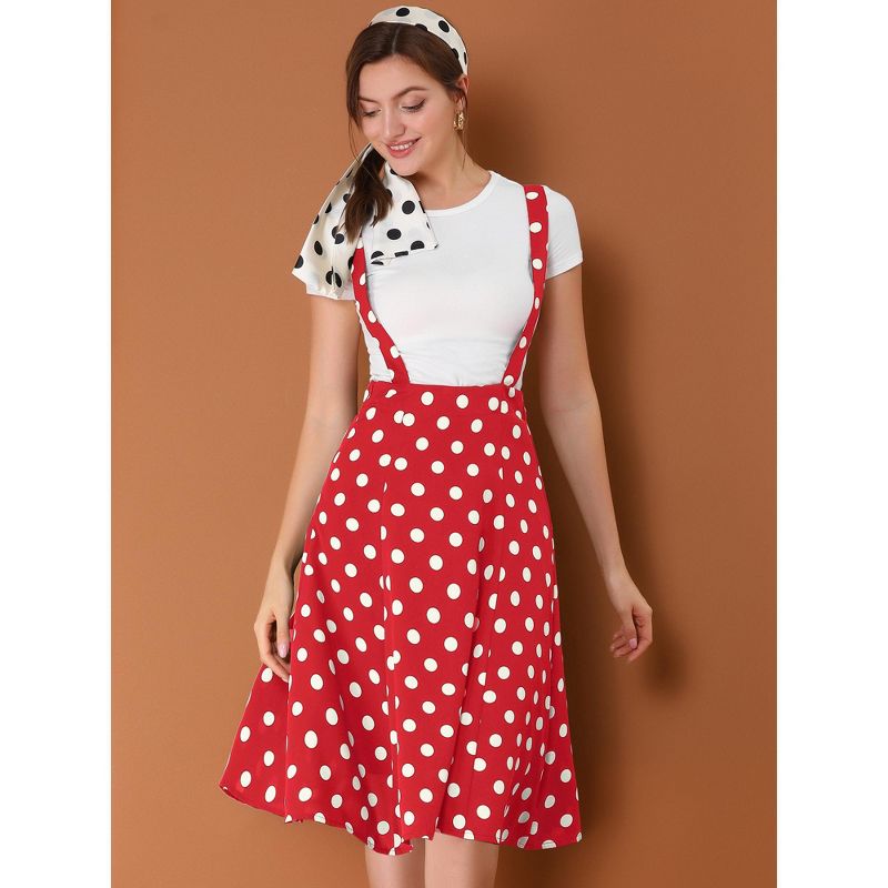 Allegra K Women's Vintage Polka Dots Midi Floral Suspender Skirt, 2 of 6