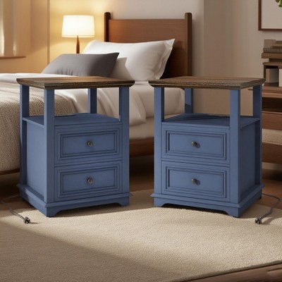 Vipbear Modren Nightstand 18 in End Table with Charging Station Rustic Wood Tall Bedside Table with 2 Drawers Storage Small Dresser Open Shelf