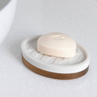 White and Wood Oval Geometric Soap Dish
