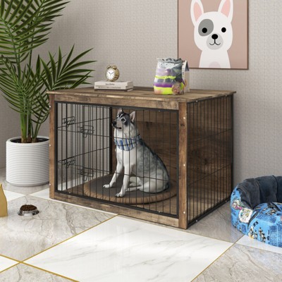 VisioGear Wooden Dog Crate with 2 Doors for Medium Dog, Dog Kennel Large Breed, Brown, 44.49"*29.53"*30.51"