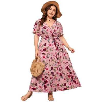 Womens Plus Size V Neck Wrap Maxi Dress High Waist Ruffle Summer Casual Dress with Belt
