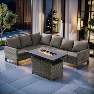 4 Pieces Outdoor Patio Furniture Set with 43" Fire Pit Table, Rattan Patio Sectional Sofa Conversation Set with Propane Fire Pit and Coffee Table - 1 of 4