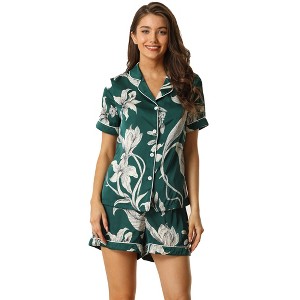 cheibear Women's Summer Short Sleeves Button Down Shirt with Shorts Pajamas Sets - 1 of 4