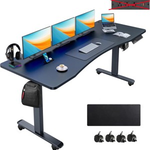 HOMDOX Elec-Standing Computer Desk Adjustable Height 63" × 24" Ergonomically Curved Desktop with Outlet Lockable Casters Lifting Range 27''-46'' - 1 of 4