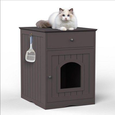 phiestina Wooden Pet House, Cat Litter Box Enclosure with Drawer, Side Table, Indoor Pet Crate, Brown