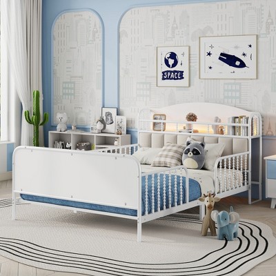 JUJABU Kids Metal Platform Bed Frame with Upholstered Headboard and Storage Shelf
