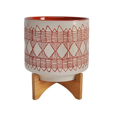 Sagebrook Home 11" Geometric Ceramic Planter on Wooden Stand Off-White/Orange