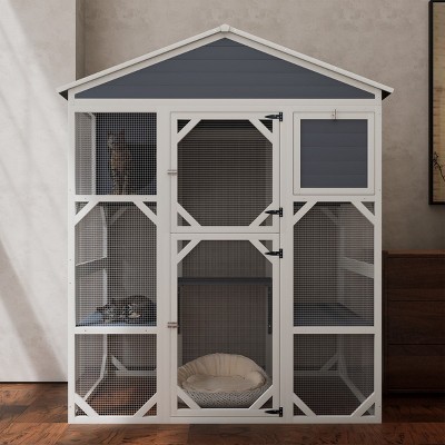 LAOTIES 71" Large Outdoor Wooden Catio,Weatherproof Cat Enclosure with 3 Platforms And 2 Cozy Houses for Multiple Cats