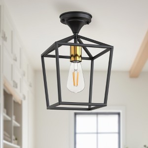 YANSUN 7 in. 1-Light Black and Gold Semi Flush Mount Ceiling Light, Farmhouse Drum Kitchen Lighting Fixtures with Glass Shade - 1 of 1