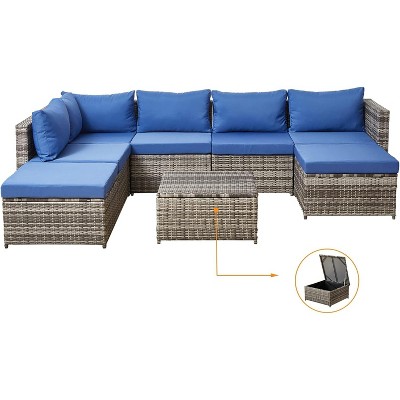 8 Pieces Outdoor Patio Sofa Sets All Weather Weaving Sectional PE Rattan Wicker Patio Conversation Set w/ Storage Table