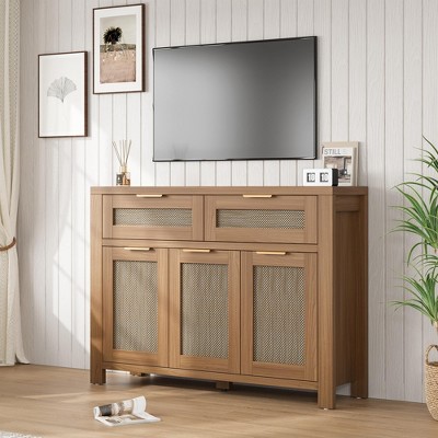 Garvee Boho Rattan Buffet Sideboard Cabinet with 2 Drawers Magnetic Cabinet Doors & Customizable Inner Shelves, for Kitchen Living Room Dining - Dark Oak — фото 4