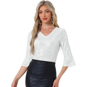INSPIRE CHIC Women's Sequin 3/4 Bell Sleeve V Neck Metallic Sparkly Glitter Party Blouse - 1 of 4