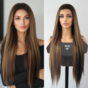 Jessie's Wig 30 Inch Straight Wig Synthetic Hair 13x3.5 Lace Wigs Brown Color With Honey Blonde Highlights 1 Pc/Pack - 1 of 4