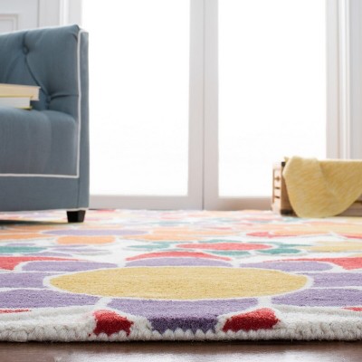 Ivory and Gold Floral Hand-Tufted Wool Kids Rug, 5' x 5'