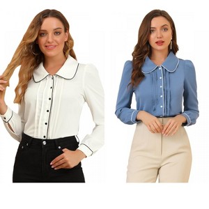 INSPIRE CHIC Women's Casual Peter Pan Collar Button Down Contrast Puff Sleeve Work Blouse 2 Packs - 1 of 4