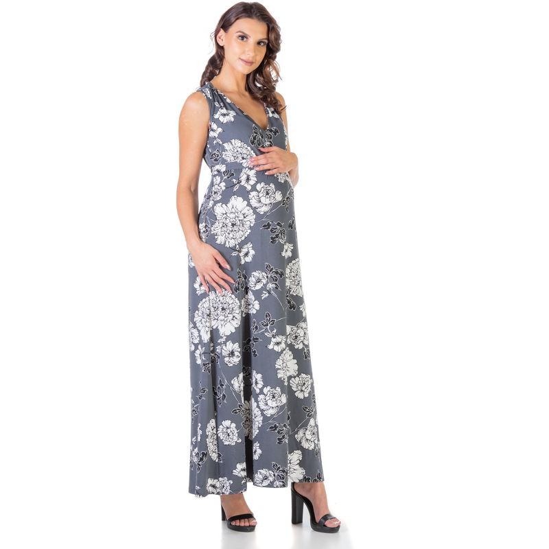 24seven Comfort Apparel Grey Maternity Sleeveless V Neck Loose Long Maxi Casual Dress, 2 of 5