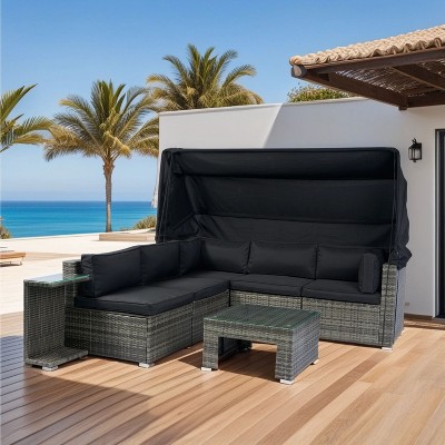 Isabel 7-Piece PE Wicker Rattan Patio Conversation Set, Patio Sectional Sofa Set with Retractable Canopy, Outdoor Furniture - Maison Boucle
