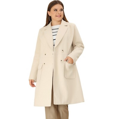 Agnes Orinda Women's Plus Size Winter Notched Lapel Double Breasted Long  Overcoats Beige 1X