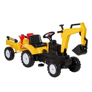 Aosom Kid's Ride-On Toy, Pedal Digger Construction Car with Horn & Detachable Trailer, Yellow - 1 of 4