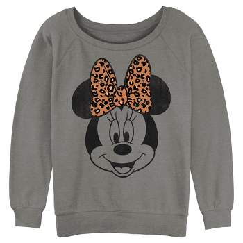 Juniors Womens Mickey & Friends Minnie Mouse Cheetah Print Bow Sweatshirt