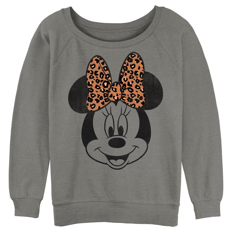Juniors Womens Mickey & Friends Minnie Mouse Cheetah Print Bow Sweatshirt, 1 of 5