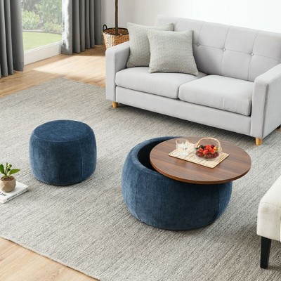 Homy Casa Round Storage Ottoman with Removable Wooden Lid for Living Room or Bedroom
