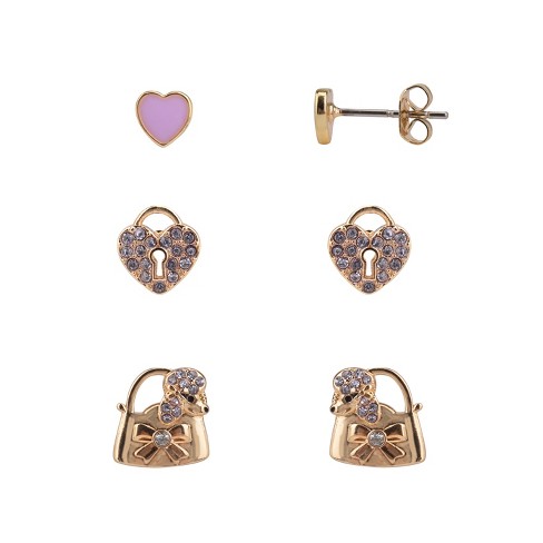 FAO Schwarz Gold Tone Key and Locket Trio Earring Set