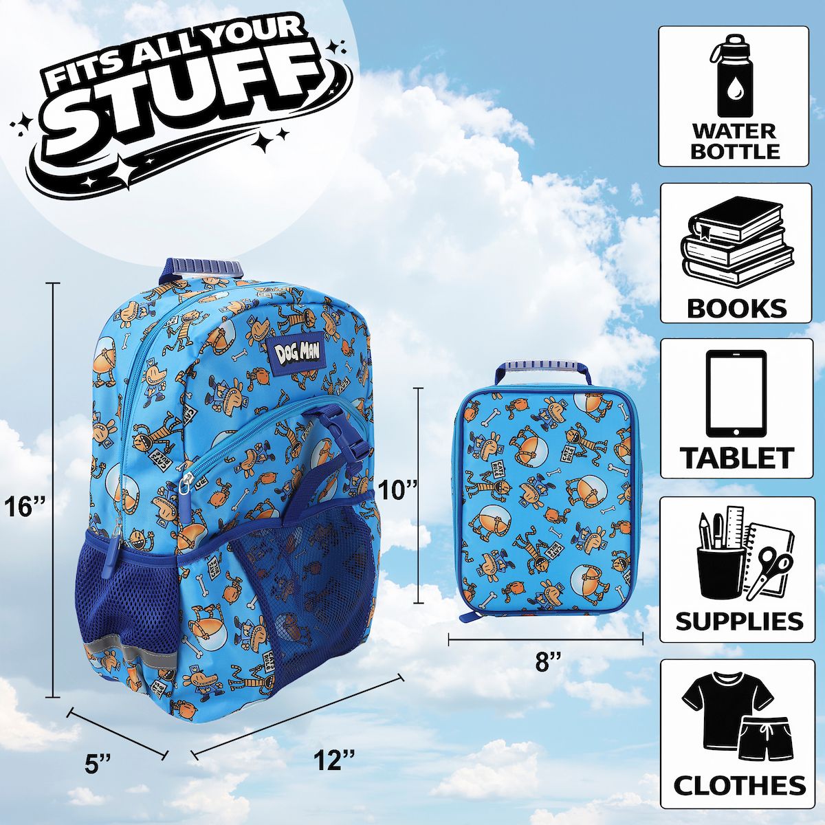 Dog Man 2-Piece 16" Youth Premium Backpack & Lunch Kit Set For School Boys and Girls - thumbnail 2