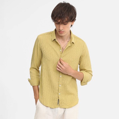 Campus Sutra Men Men's Naples Yellow Self-Design Striped Shirt