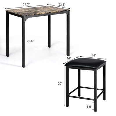 Costway 3-Piece Dark Faux Marble Pub Table Set with Black Chairs
