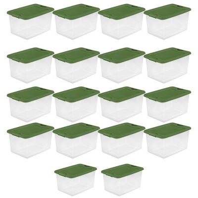 Sterilite 64 Qt Latching Plastic Stacking Holiday Storage Bin with Latching Lid, Plastic Container to Organize Closets, Clear with Green Lid