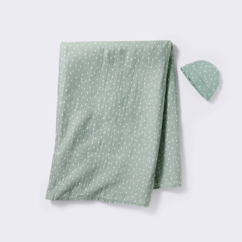 Hospital Muslin Swaddle and Hat Gift Set - 2ct - Green - Cloud Island&#8482;, 1 of 6