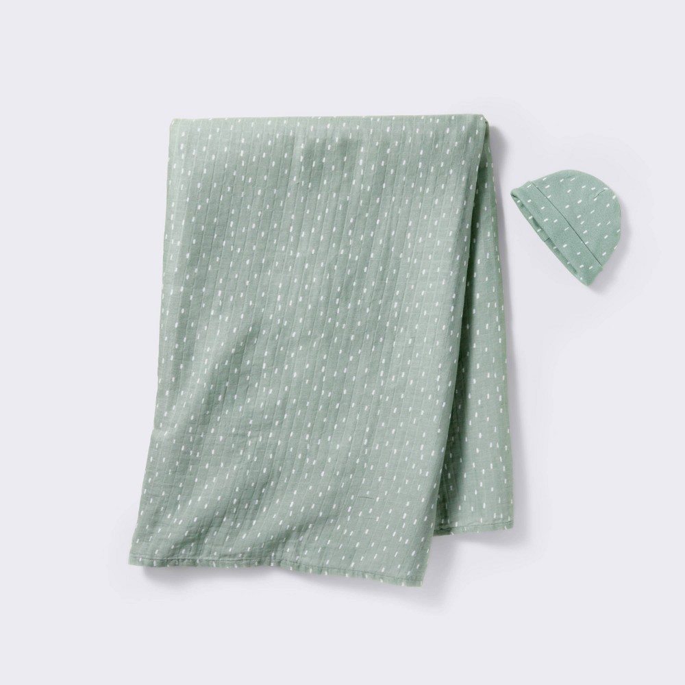 Photos - Children's Bed Linen Hospital Muslin Swaddle and Hat Gift Set - 2ct - Green - Cloud Island™