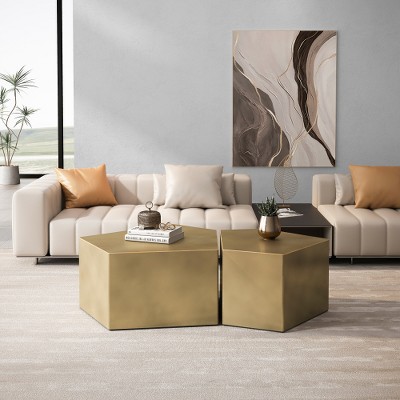 Irregular Pentagon Nesting Coffee Table Set, Geometric Coffee Table Set,Center table set for Living Room, Antique Brass(Set of 2 Pieces)