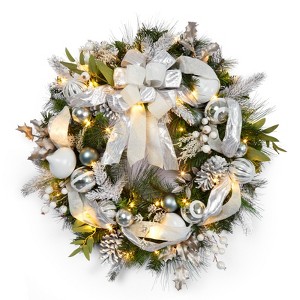 Coucheta 30" Pre-Lit Christmas Wreath - 40 Battery LED Lights with Silver White Balls, Large Outdoor/Indoor Wreath for Front Door, Fireplace & Window - 1 of 4