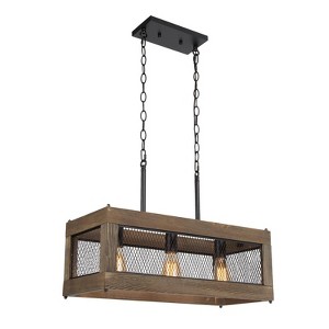 LNC Lucia 3-Lights 23.6" Framhouse Rectangle Kitchen Island Pendant Lightss,Brown Wood and Matte Black - 1 of 4
