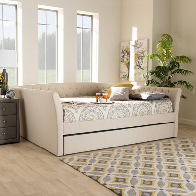 Beige Upholstered Full Daybed with Trundle and Tufted Design